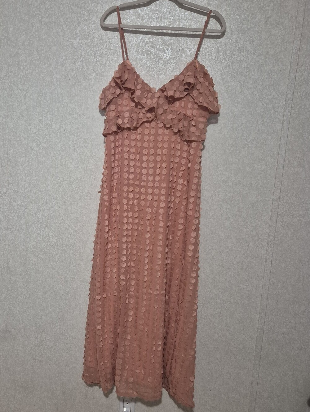 ROSEVELVET Spaghetti-Strap Dusty Rose Maxi Dress-Textured Polka Motif-Size:L